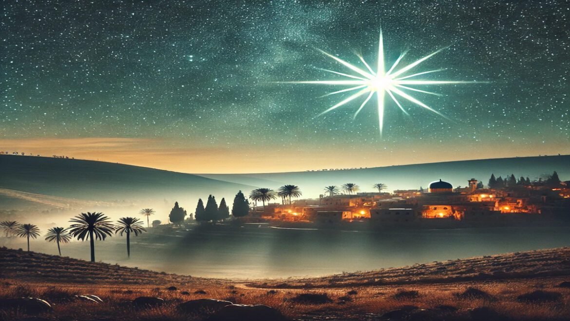 A breathtaking night sky over ancient Bethlehem with a bright, radiant star shining above a small town surrounded by rolling hills, capturing the scen