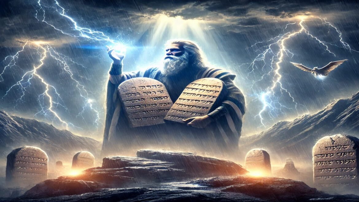 A dramatic depiction of Moses on Mount Sinai receiving the Ten Commandments from God, with thunder and lightning in the background.