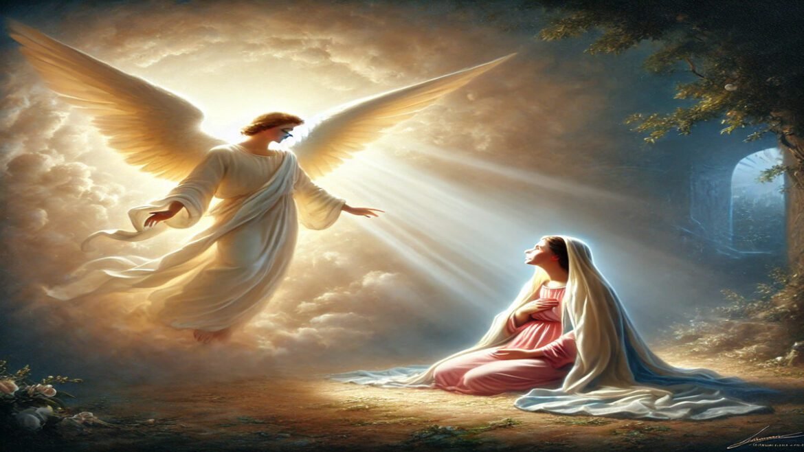 A serene depiction of the Annunciation_ the angel Gabriel in radiant light appearing to Mary in a humble, peaceful room, with Mary seated in awe, surr