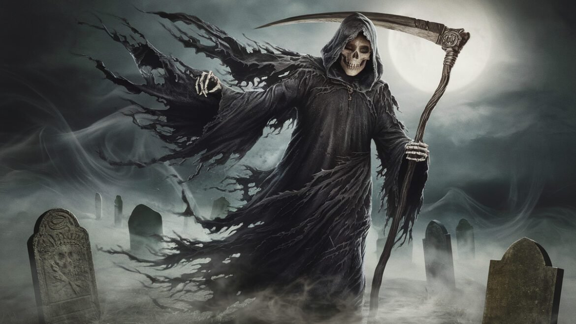 Use the Grim Reaper image to visually represent the cultural and mythical concept of the Angel of Death. It complements the discussion of folklore and artistic interpretations.