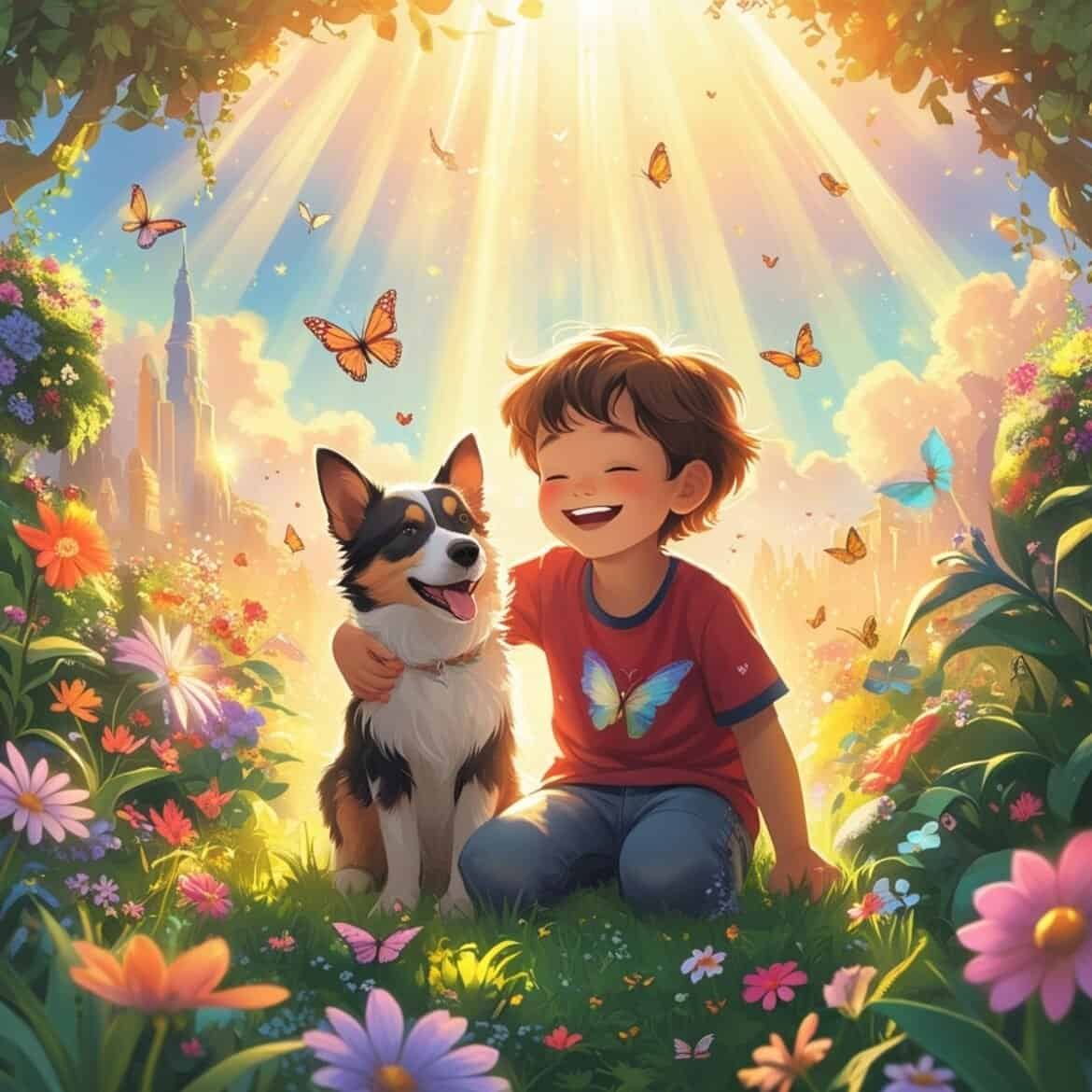 A child reunited with their beloved pet in a heavenly garden, a vision of joy and peace in God’s presence. 11 A child reunited with their beloved pet in a heavenly garden, a vision of joy and peace in God’s presence.