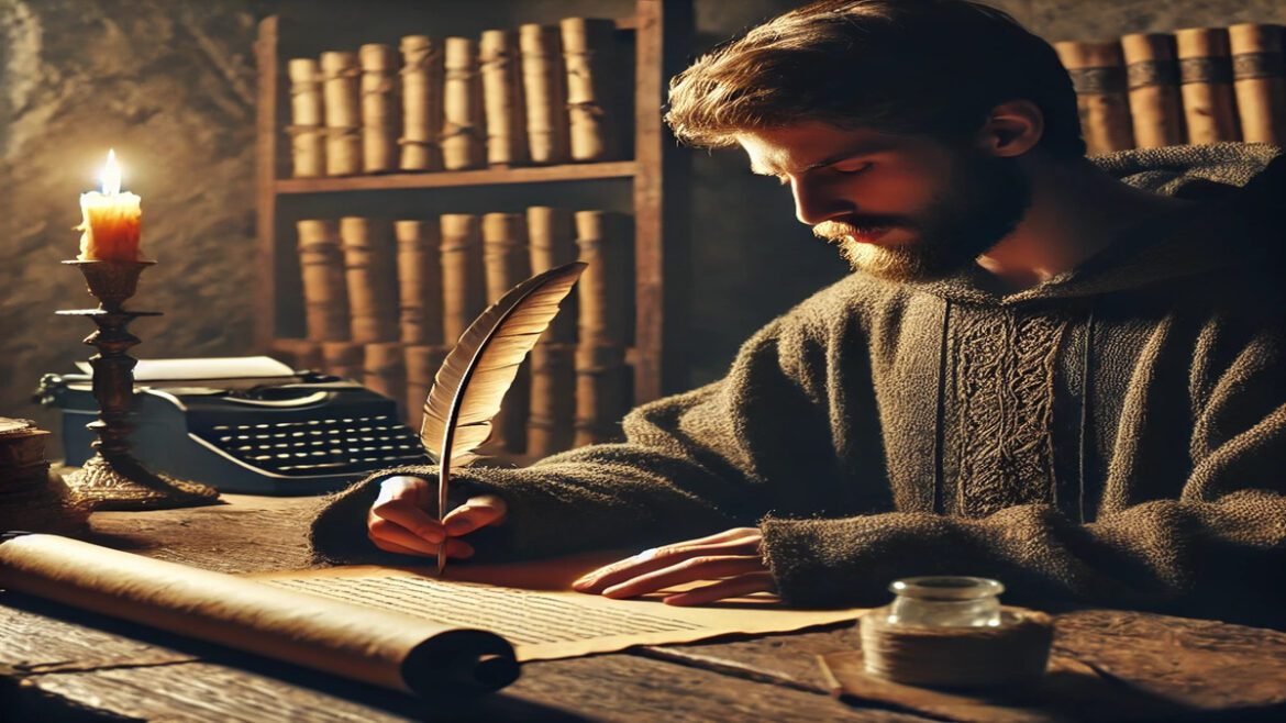 A cinematic and realistic depiction of a scribe in ancient times, sitting at a wooden table by candlelight, meticulously writing on a scroll with a qu
