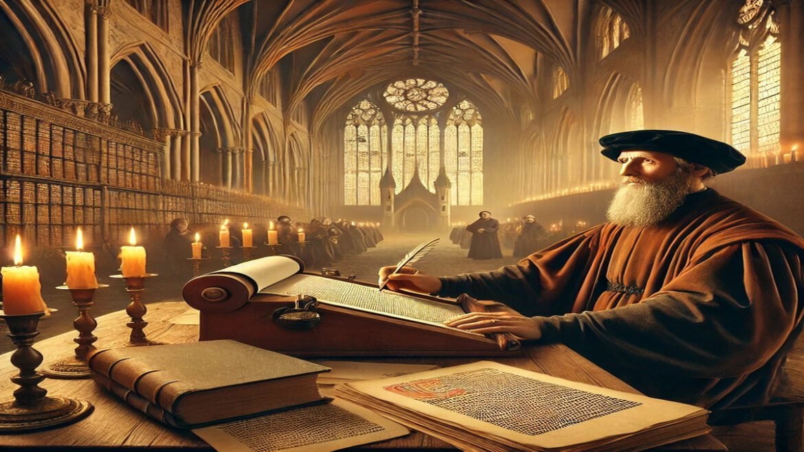 A historical depiction of John Wycliffe translating the Bible into English, seated at a wooden desk with candlelight, surrounded by medieval manuscrip