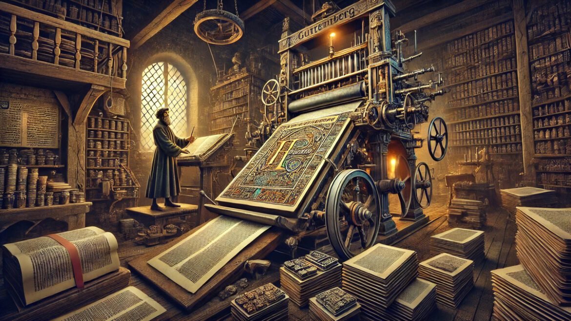 An artistic depiction of Johann Gutenberg operating his printing press with a partially printed Gutenberg Bible visible on the press, surrounded by st