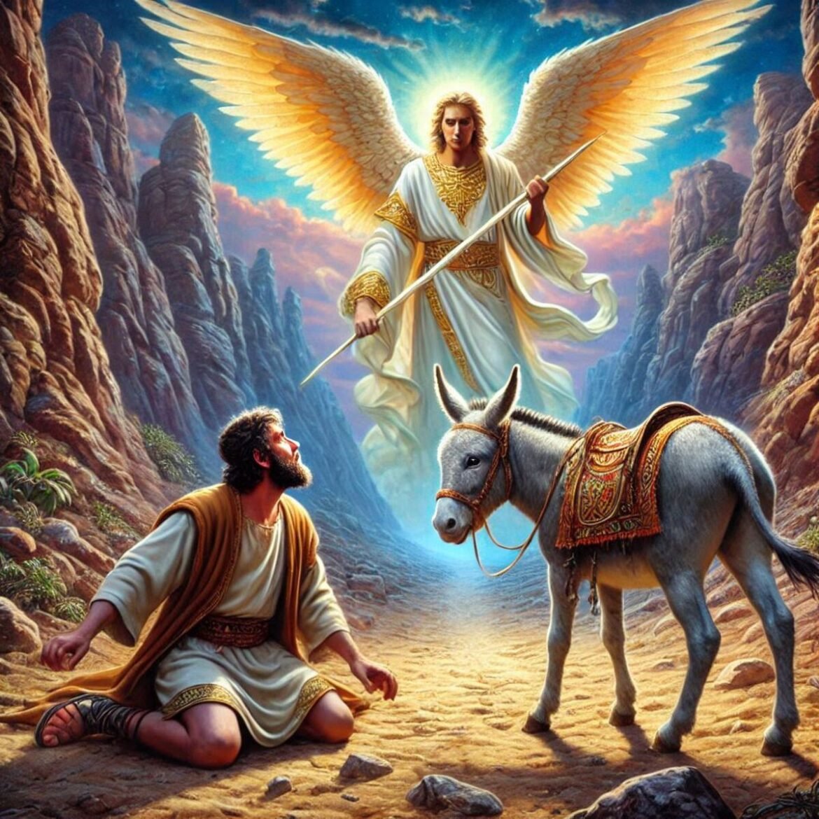 Balaam’s donkey stops on the path as the angel of the Lord stands with a drawn sword.