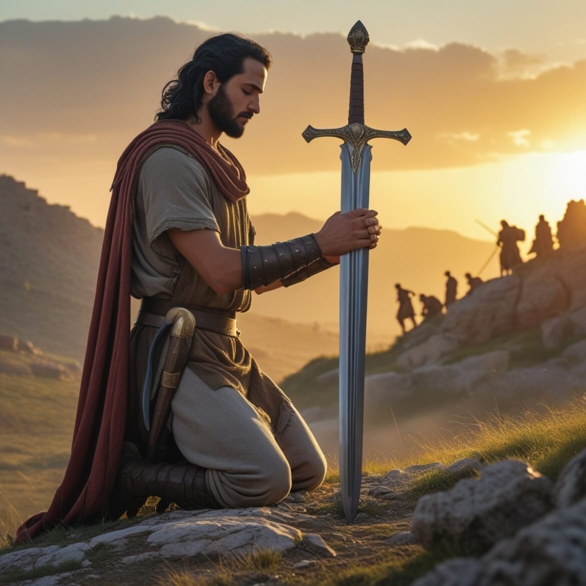 Before the clash, Eleazar kneels in prayer, seeking strength and guidance from the Lord—a reminder that victory begins with faith.