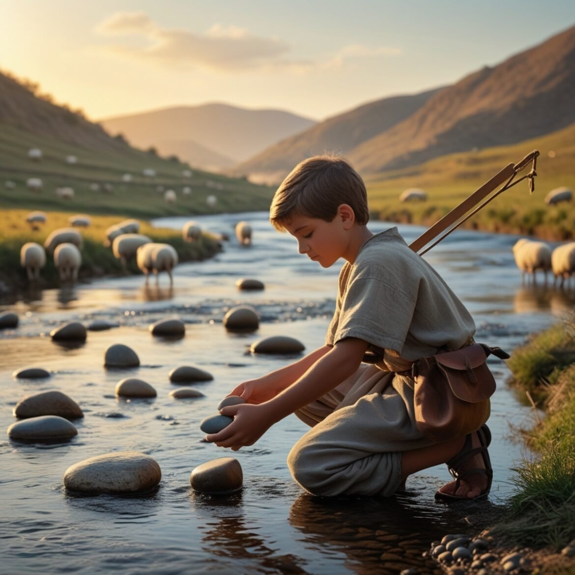 David kneels by the stream, carefully choosing five smooth stones for his sling—a quiet moment of preparation and trust in God’s guidance. David kneels by the stream, carefully choosing five smooth stones for his sling—a quiet moment of preparation and trust in God’s guidance.