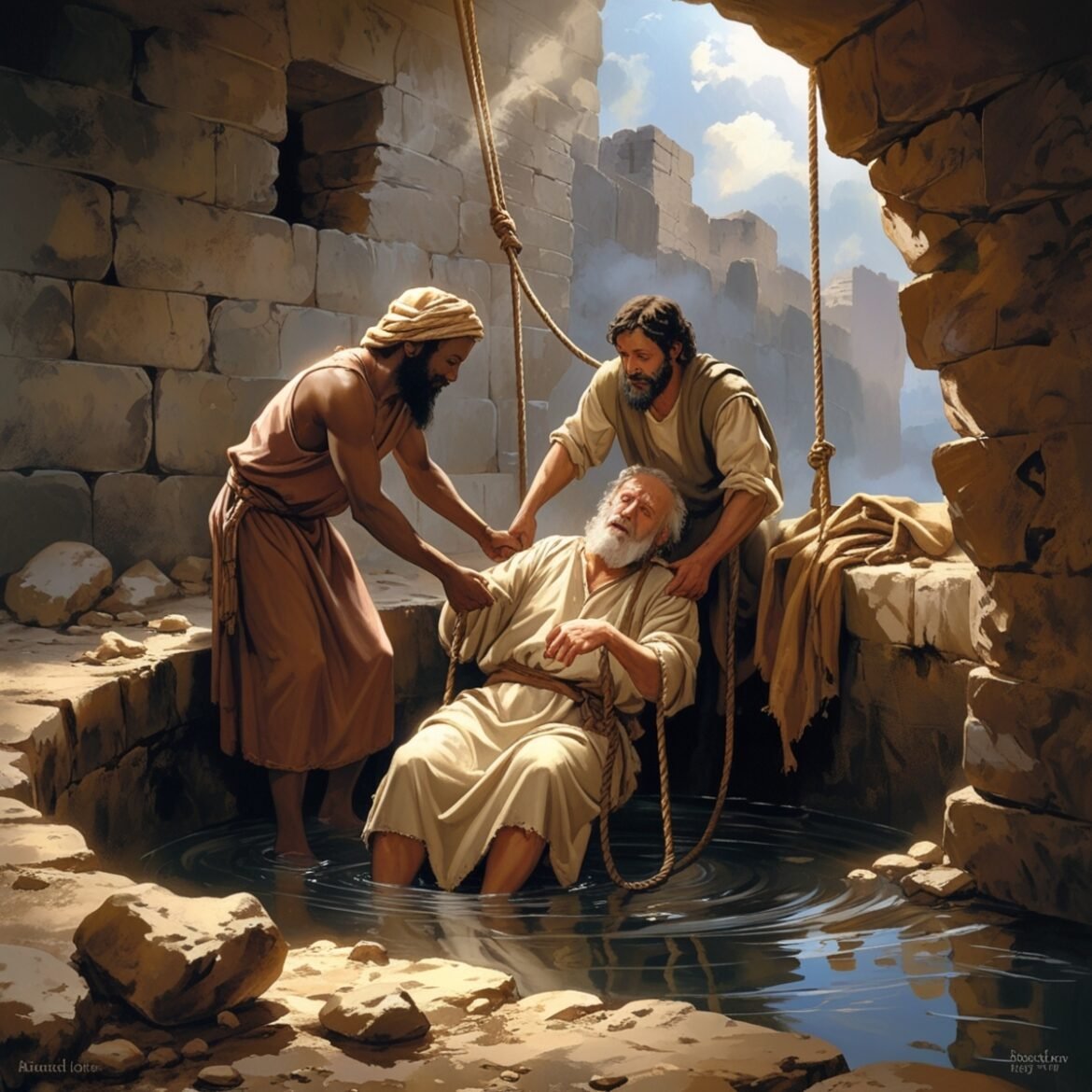 Ebed-Melek lowers ropes and rags to rescue Jeremiah from the muddy cistern, risking his own safety to save the prophet’s life (Jeremiah 3810-13). Ebed-Melek lowers ropes and rags to rescue Jeremiah from the muddy cistern, risking his own safety to save the prophet's life (Jeremiah 38:10-13).
