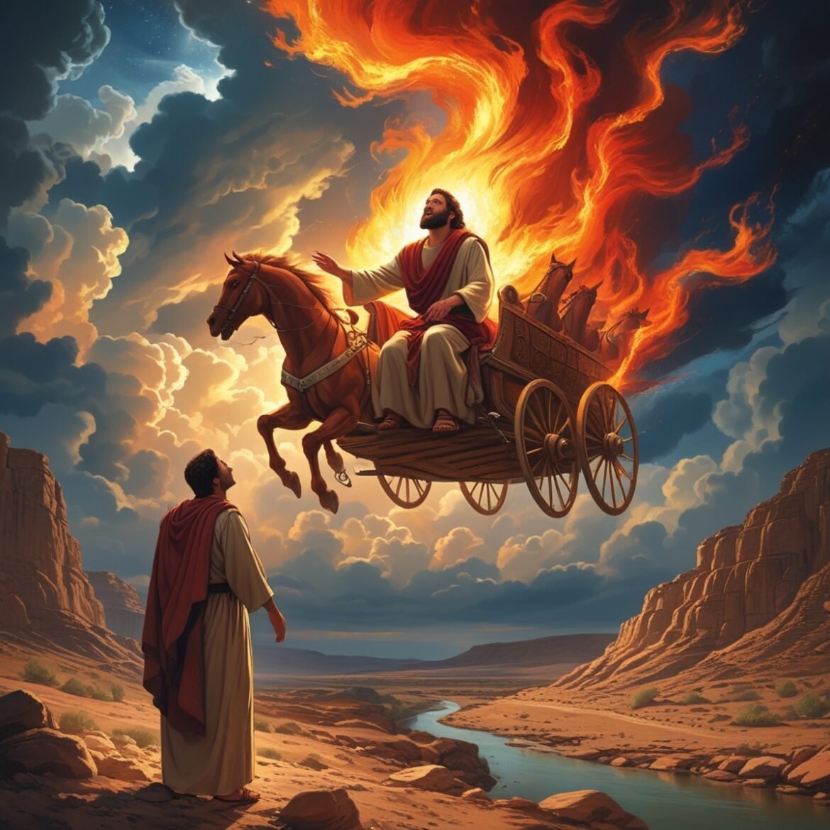 Elijah is taken to heaven in a whirlwind, carried by a fiery chariot and horses, leaving his protégé Elisha in awe by the parted Jordan River. A moment of divine power and mystery. Elijah is taken to heaven in a whirlwind, carried by a fiery chariot and horses, leaving his protégé Elisha in awe by the parted Jordan River. A moment of divine power and mystery.