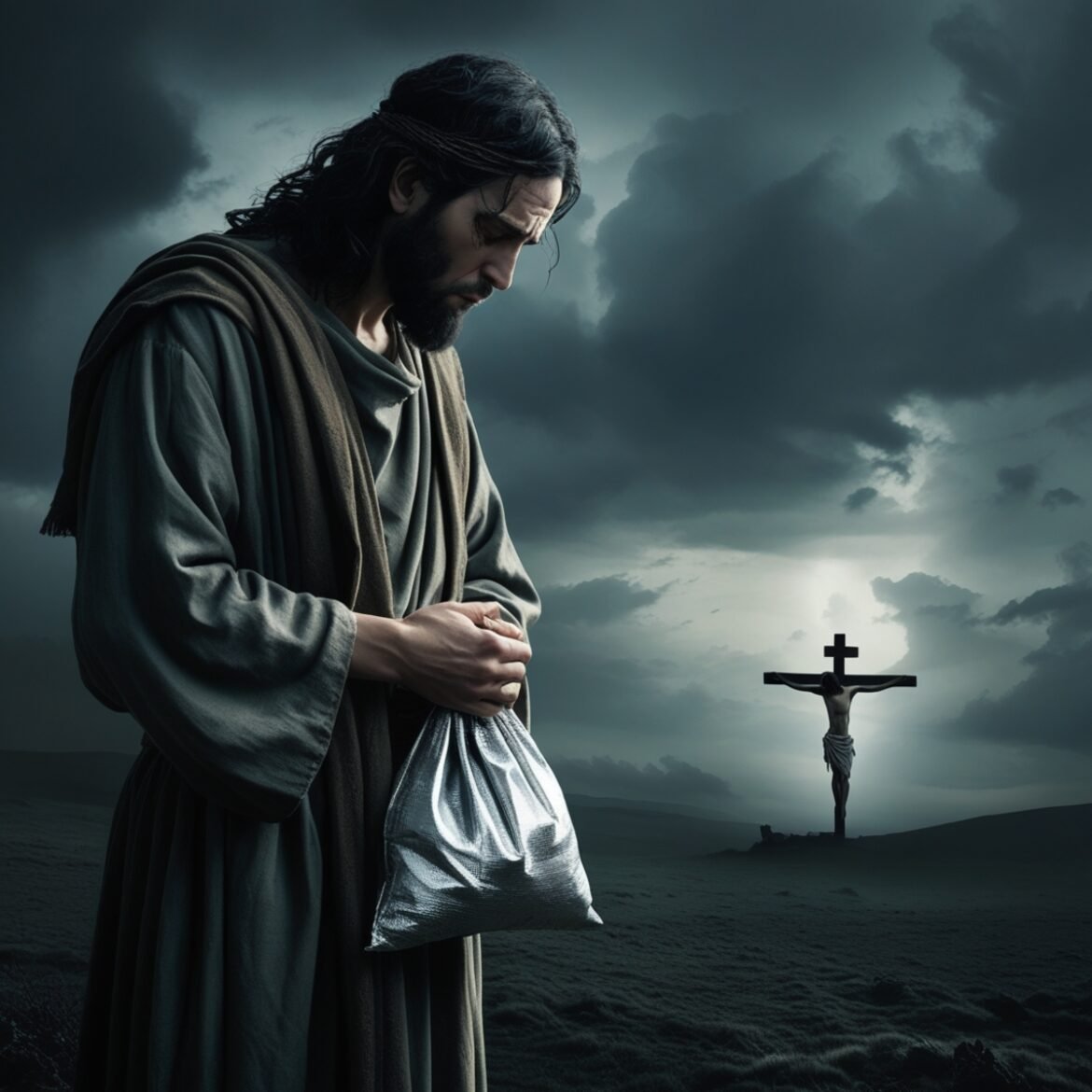 Judas stands alone, burdened by the weight of guilt, as the shadow of the cross looms in the distance—a tragic reminder of lost redemption. Judas stands alone, burdened by the weight of guilt, as the shadow of the cross looms in the distance—a tragic reminder of lost redemption.