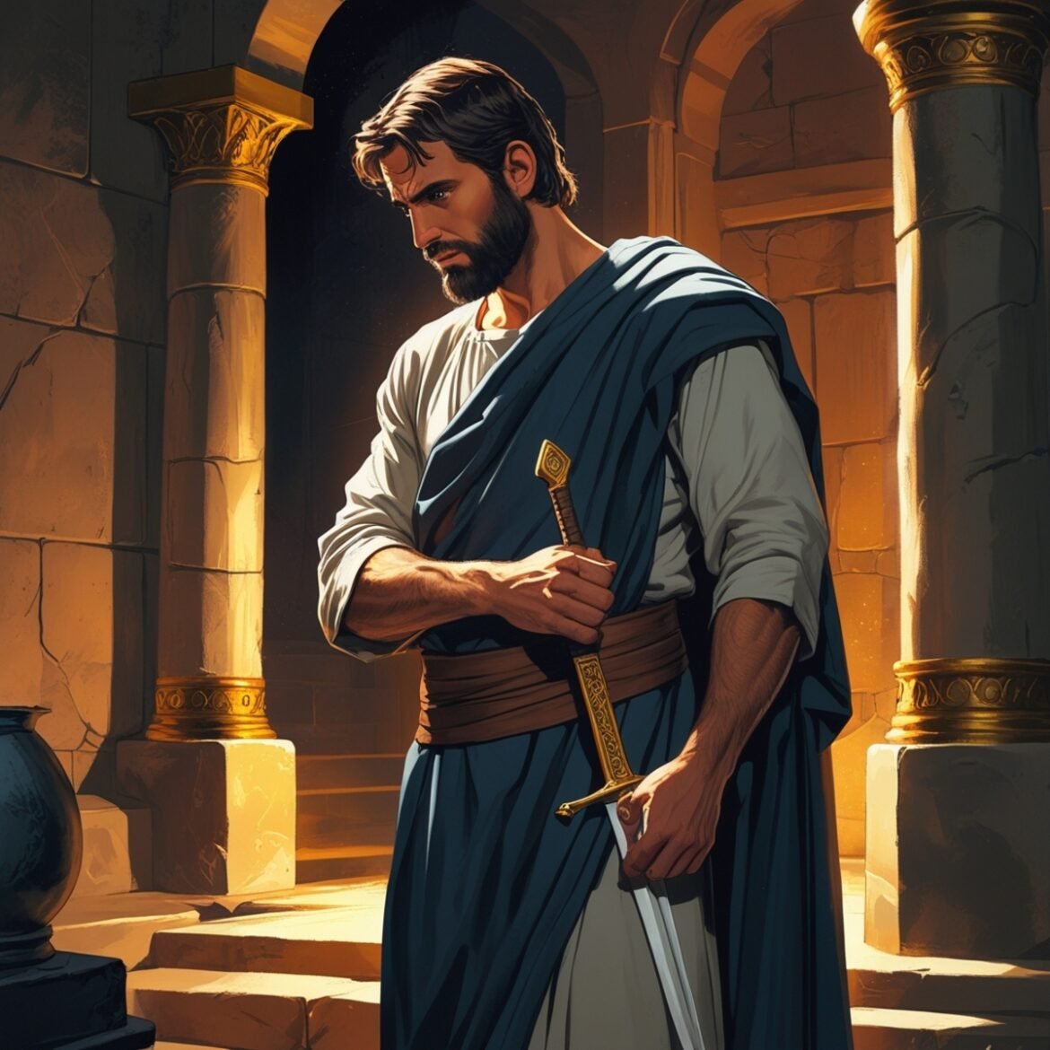 Ehud conceals the dagger on his right thigh, preparing for his mission to confront King Eglon.