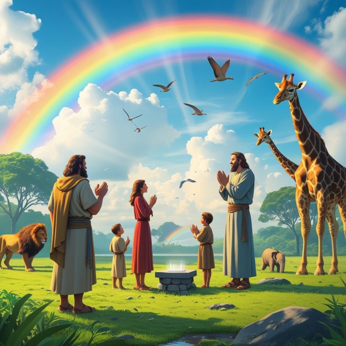 Noah and his family gaze at the brilliant rainbow in the sky, a reminder of God’s promise to never flood the earth again.
