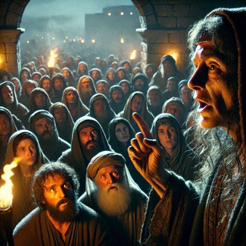 The Wise Woman rallies her people, urging them to act decisively to protect their city.