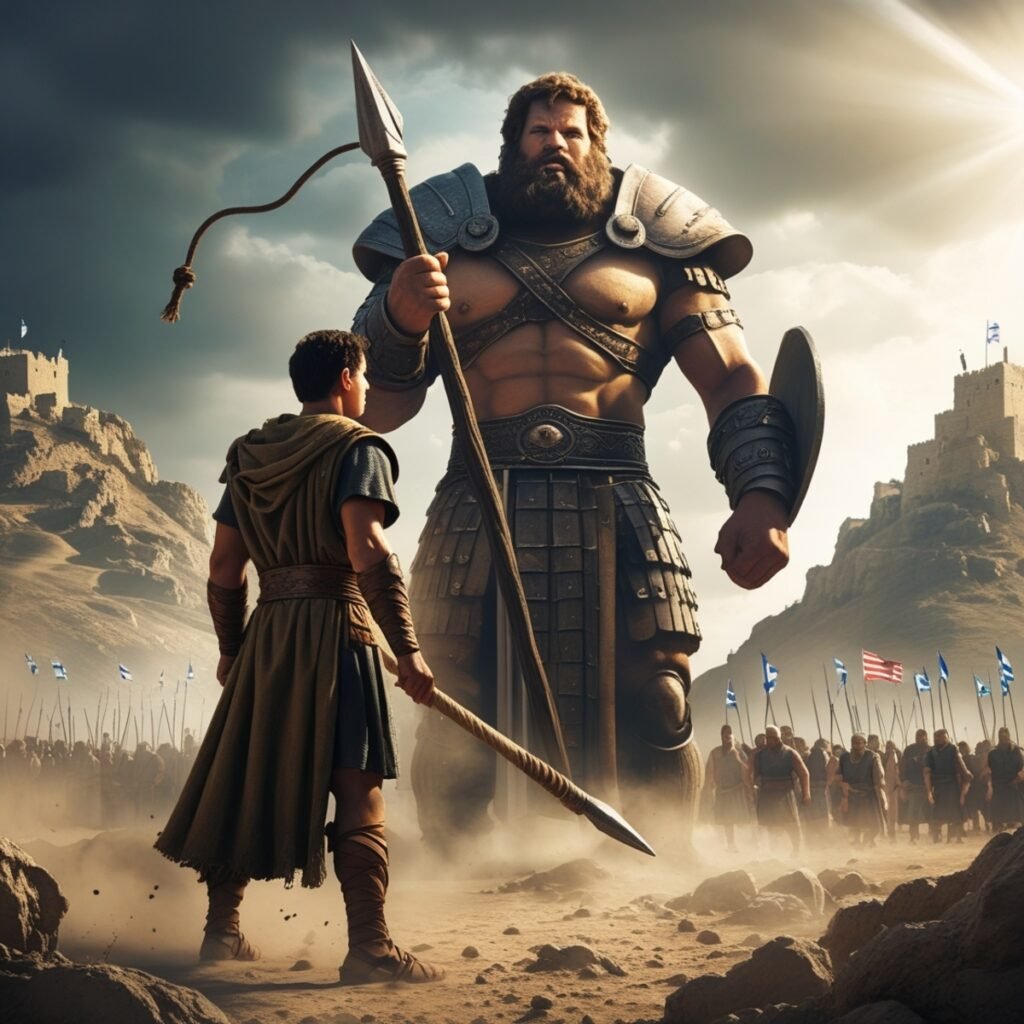 The young shepherd, armed with faith and a sling, boldly faces the towering warrior Goliath as the armies watch in anticipation.