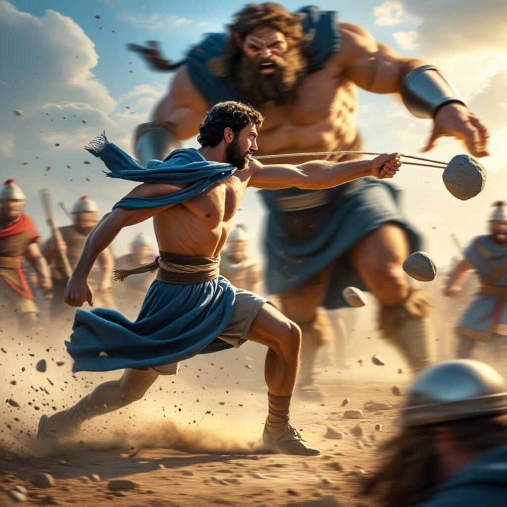 With a swift motion, David releases the stone that will change history, reminding us that even small actions can have great power when guided by faith.